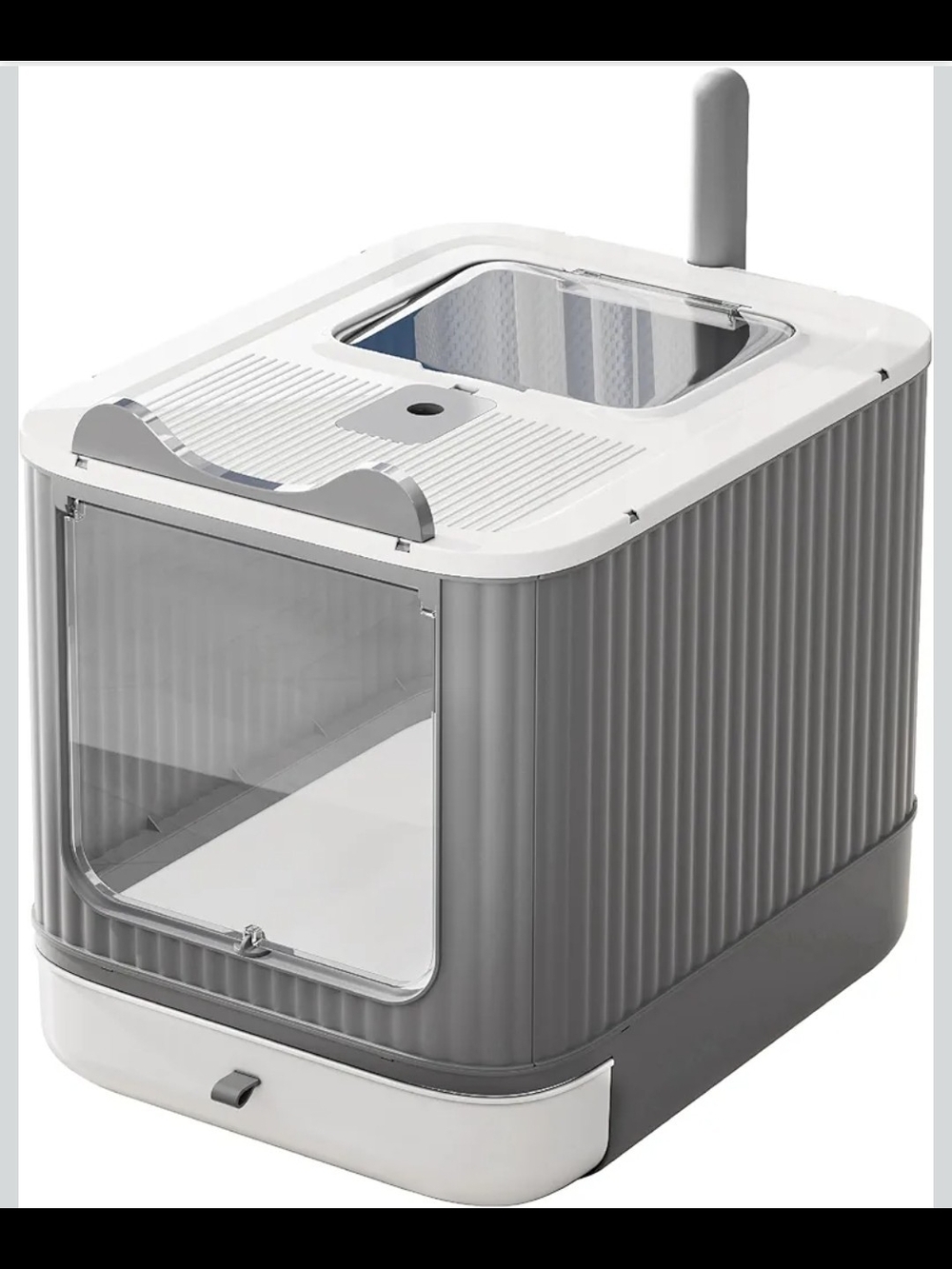 Covered Cat Litter Box Enclosure w/ Lid Drawer Scoop Top Exit White Gray